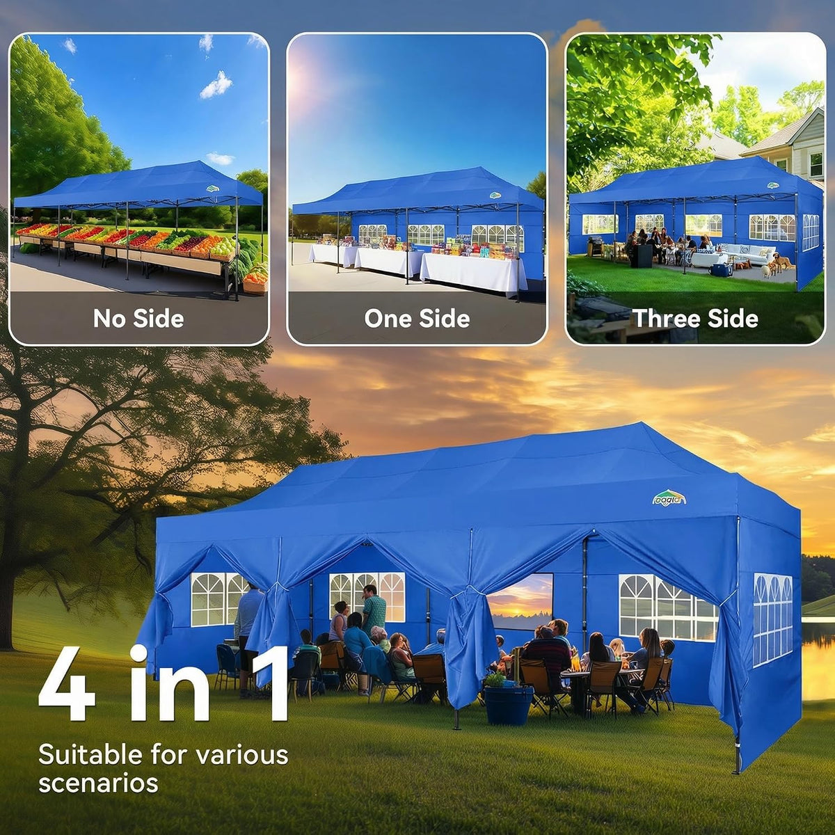 COBIZI 10x30 Heavy Duty Pop Up Canopy Tent with 8 Sidewalls Thicken Frame, Commercial Easy Up Outdoor Wedding Party Tents, All Season Waterproof Windproof with Stakes Sandbags Ropes Roller Bag, Blue