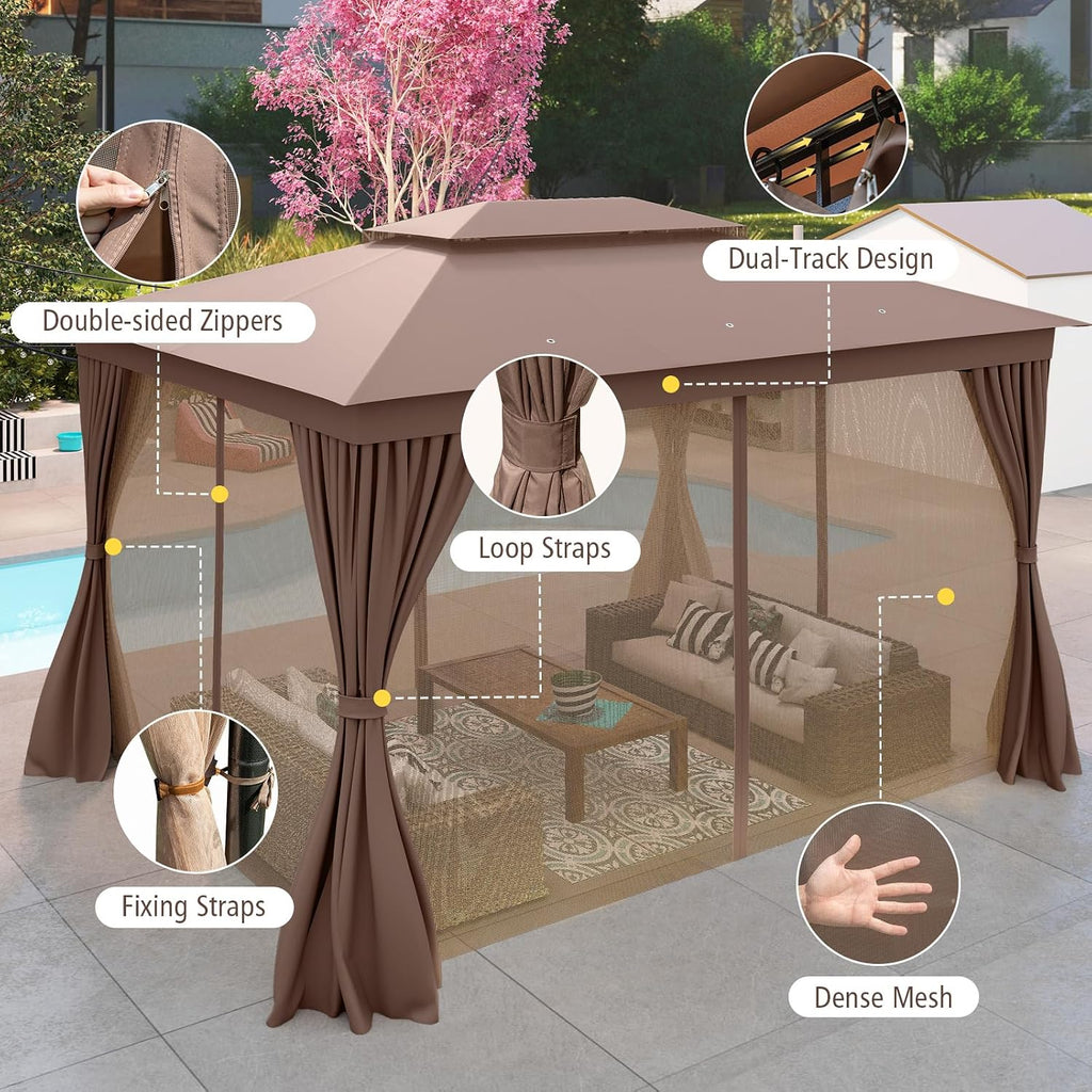 LAUSAINT HOME 10'x13' Outdoor Gazebo, Upgraded Metal Frame Heavy Duty Patio Canopy Tent Shelter with Double Roofs, Mosquito Nettings and Privacy Screens for Backyard, Garden, Lawn, Khaki