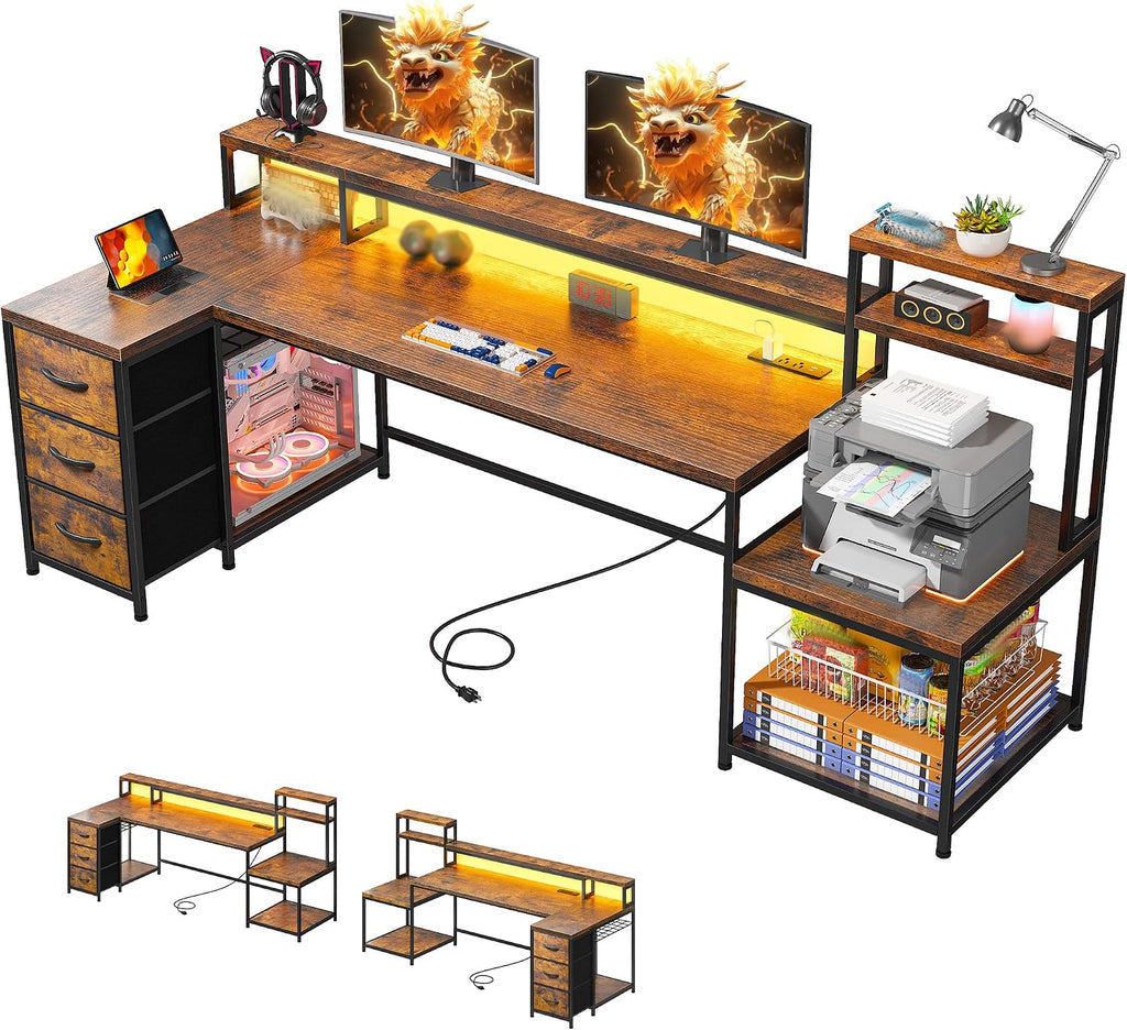 EnHomee 71' L Shaped Computer Desk with 3 Drawers & Hutch,Reversible Gaming Desk with LED Lights & Power Outlet,Home Office Desks with Monitor Stand & Printer Shelf for Student School Rustic Brown