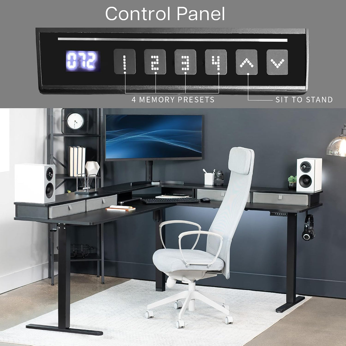 VIVO Electric Mobile Corner 75 x 63 inch 2 Tier Stand Up L-Shaped Desk, Height Adjustable, Memory Controller, Storage Drawers, Black Top Black Frame, DESK-E3CVB-75