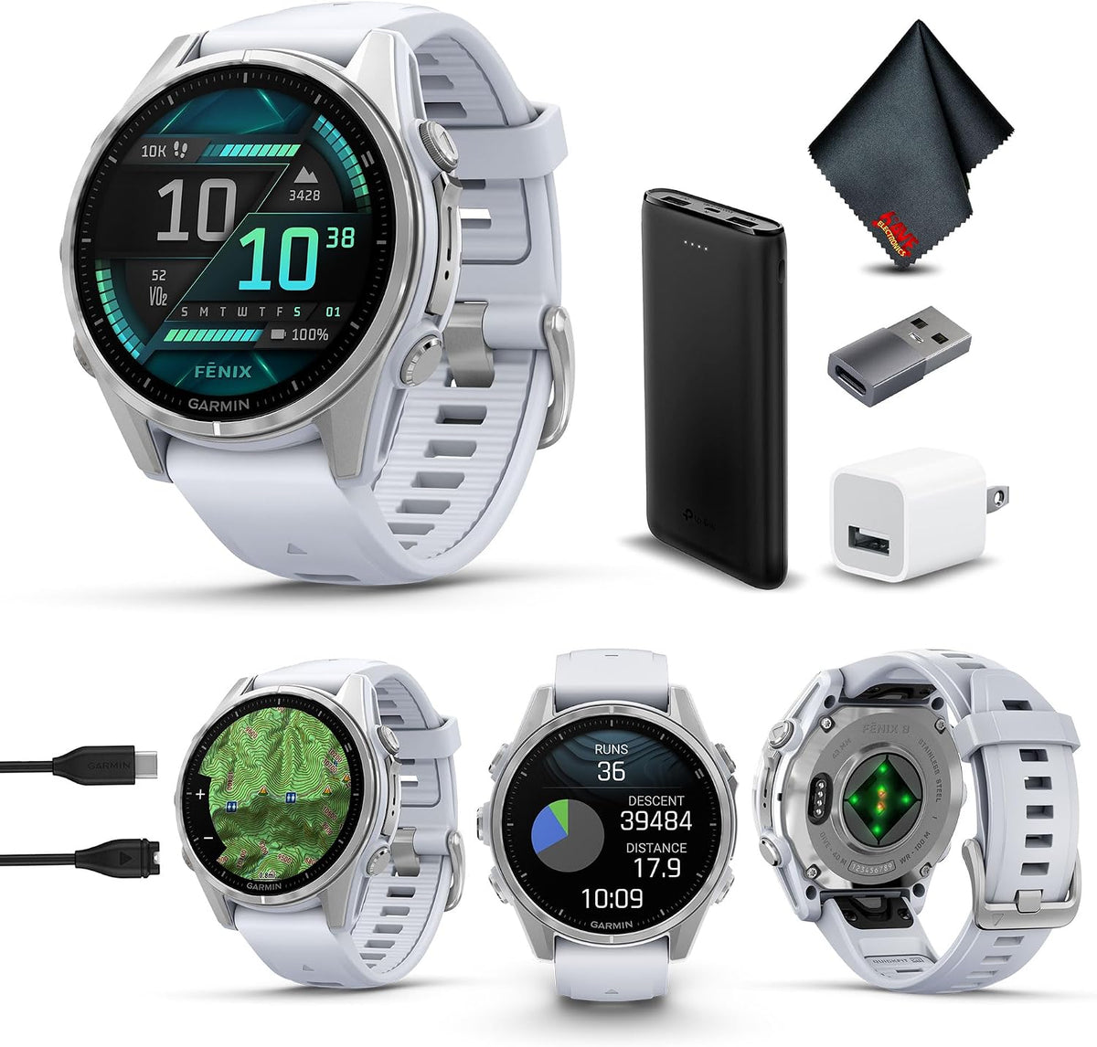Garmin Fenix 8 43MM AMOLED Premium Multisport GPS Smartwatch Silver with Whitestone Silicone Band, Built-in LED Flashlight, Health & Fitness Smart Watch Bundle for Men & Women