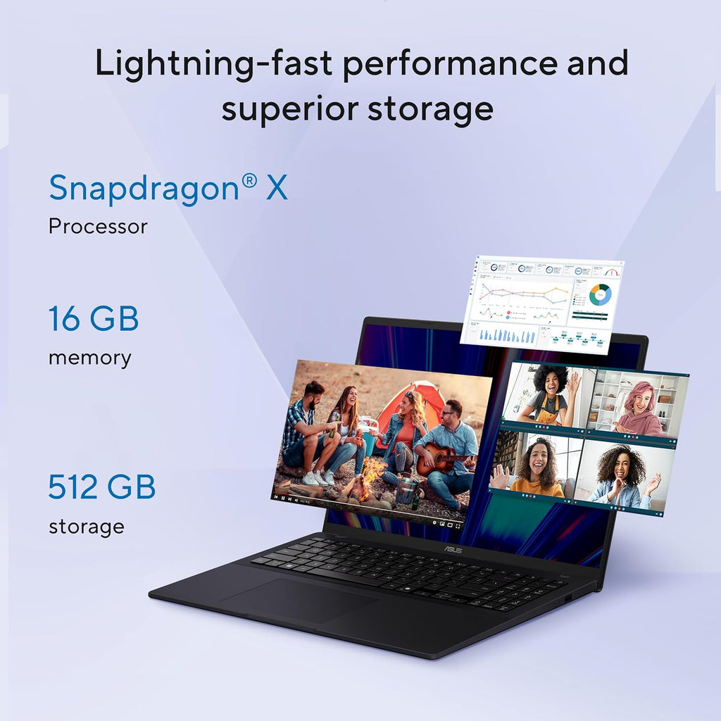 ASUS Vivobook 16 Laptop, 16' WUXGA 60Hz Display, Qualcomm Snapdragon X, Qualcomm Adreno GPU, 16GB RAM, 512GB SSD, Windows 11, Quiet Blue, X1607QA-DS54
