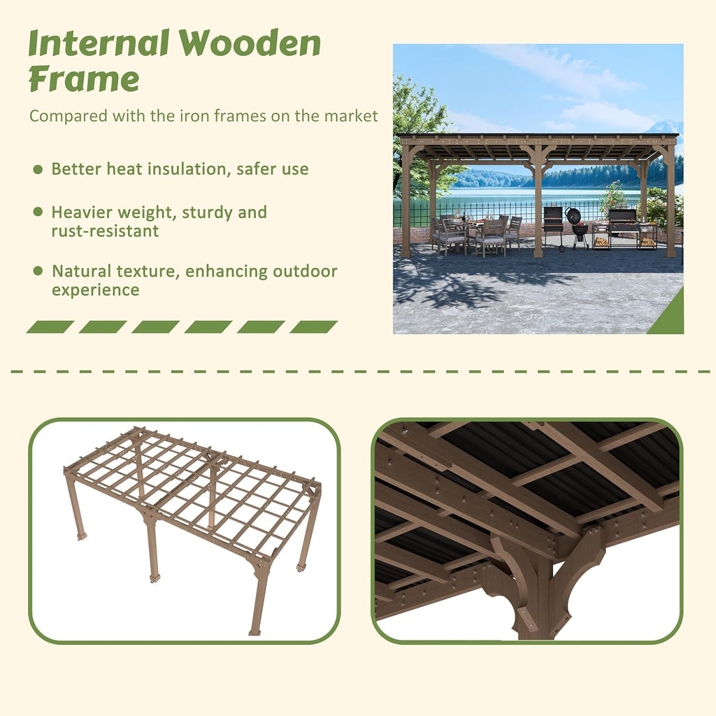 Yardenaler 10 x 20 FT Wooden Grill Gazebo with Sloping Metal Roof, BBQ Gazebo with 5.5' Width Wood Posts & Rainwater Drainage for Barbecue, Garden, Backyard, Light Mocha Brown