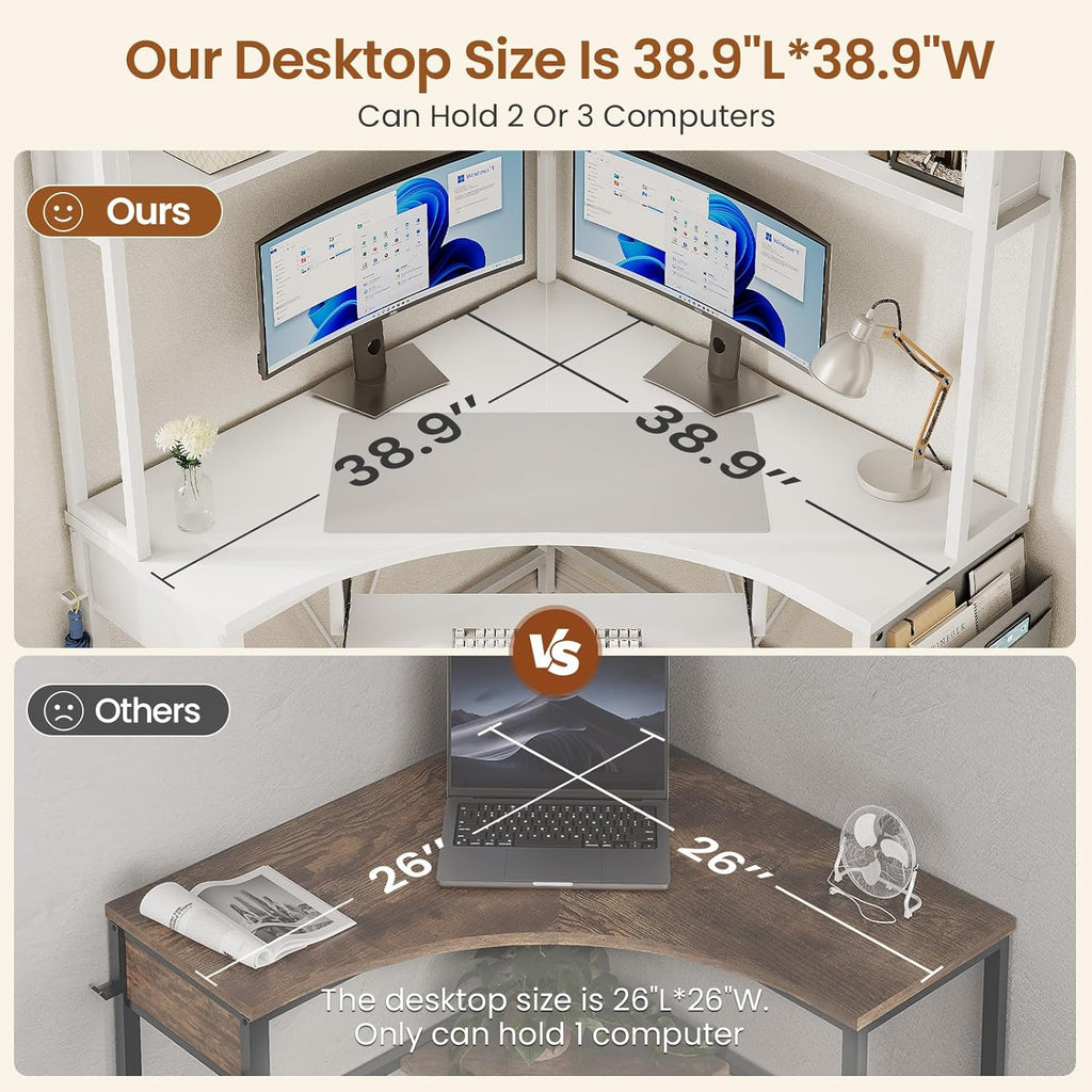 SEDETA Corner Desk, 39' W x 62' H Small Office Desk with Hutch & LED Lights, Triangle Gaming Computer Desk with Keyboard Tray, Storage Bag, and Headphone Hook for Small Space, White