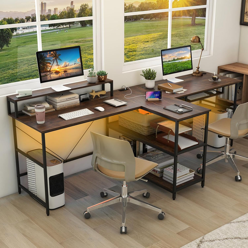 Tangkula 2-Person Reversible Computer Desk with LED Lights, 94.5' Long Office Desk with Power Outlets, Monitor Stand, Keyboard Tray & 2 Storage Shelves, Double Desk for Gaming Working Writing (Walnut)