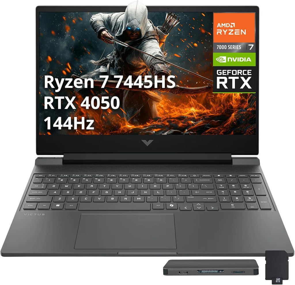 HP Victus 15.6' FHD 144Hz Gaming Laptop, AMD Ryzen 7 7445HS, NVIDIA GeForce RTX 4050, 32GB DDR5, 2TB PCIe SSD, Backlit Keyboard, Copilot, Wi-Fi 6, Windows 11, Mica Silver, 1TB Docking Station Set