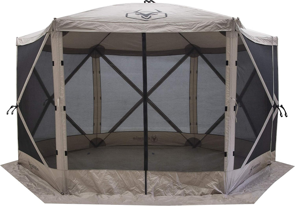 Gazelle Tents™ G6 6-Sided Portable Gazebo with TriTech Mesh, Easy Pop-Up Hub Screen Tent, Waterproof, UV Resistant, 8-Person & Table, Desert Sand, 86' x 124' x 124', GK914, Includes 3 Wind Panels