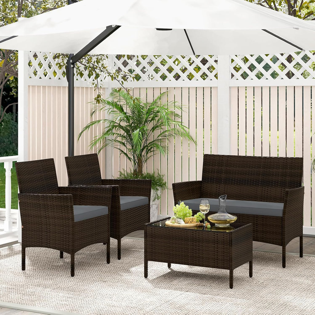 ORALNER 4 Pieces Patio Furniture Set, Rattan Chairs Loveseat with Soft Cushion Glass Table, Outdoor Wicker Conversation Set for Balcony Garden Backyard Porch Poolside (Gray)