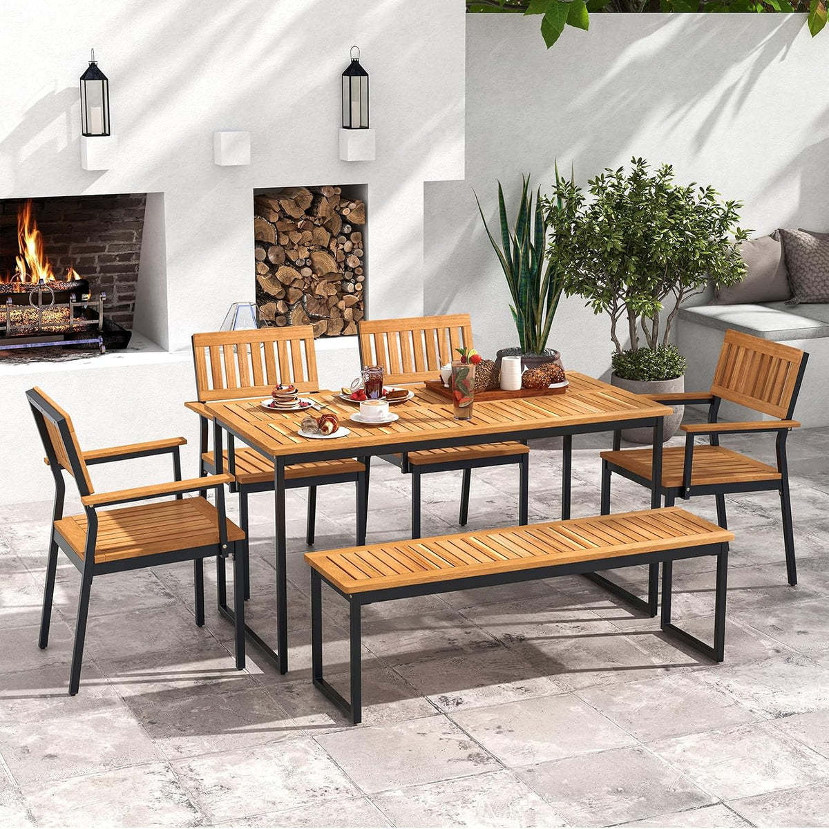 Tangkula 6 Pieces Outdoor Acacia Wood Dining Set, Patio Table and Chairs Set with Bench for 6-7 People, Outdoor Dining Furniture Set with 2' Umbrella Hole for Garden, Backyard and Poolside