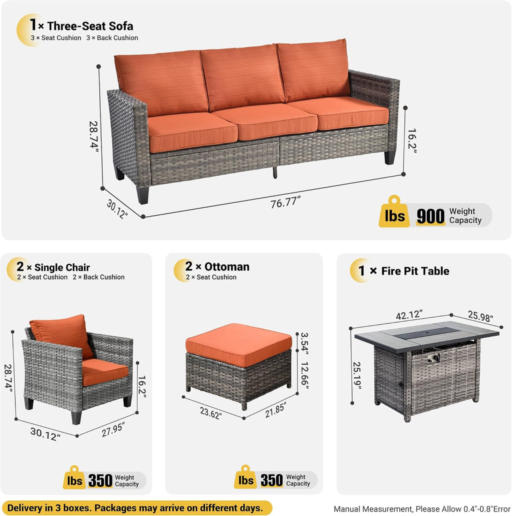ovios 6 Pieces Patio Furniture Set with 42' Fire Pit Table, Outdoor Wicker Sofa with Comfy Cushions, All Weather High Back Rattan Couch Conversation Set, Orange Red