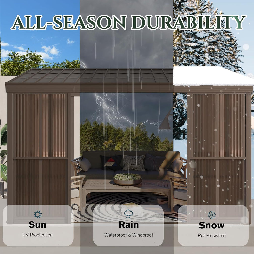 EROMMY 10x14 Lean-to Sunroom Gazebo, Enclosed Patio Shelter with Sliding Doors, Galvanized Steel Roof and Polycarbonate Wall Panels, Aluminum Frame for Backyard