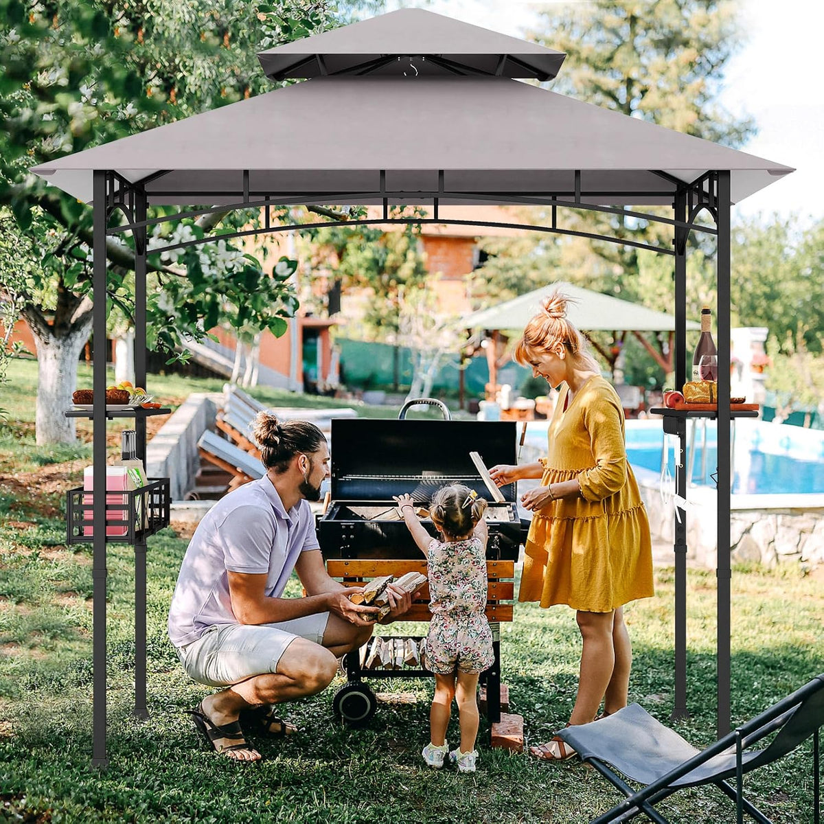 Tangkula 8x5 Ft Grill Gazebo, 2-Tier Barbecue Gazebo with 2 Shelves, 10 Hanging Hooks, Bottle Opener & Storage Basket, Outdoor Grill Canopy for Backyard Garden Poolside (Grey)
