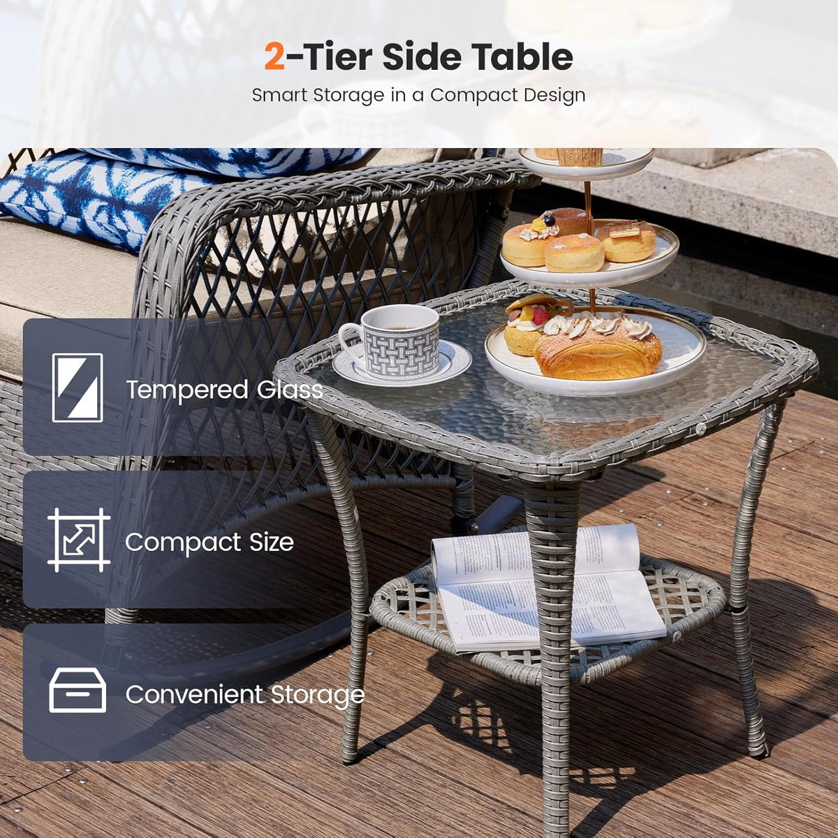 UDPATIO Rocking Chair Outdoor Set 2 with Coffee Table, 3 Piece Wicker Rocking Bistro Set with 4' Water-Resistant Cushions, Oversized, 350lbs Heavy-Duty, for Porch, Patio, Balcony, Grey/Beige