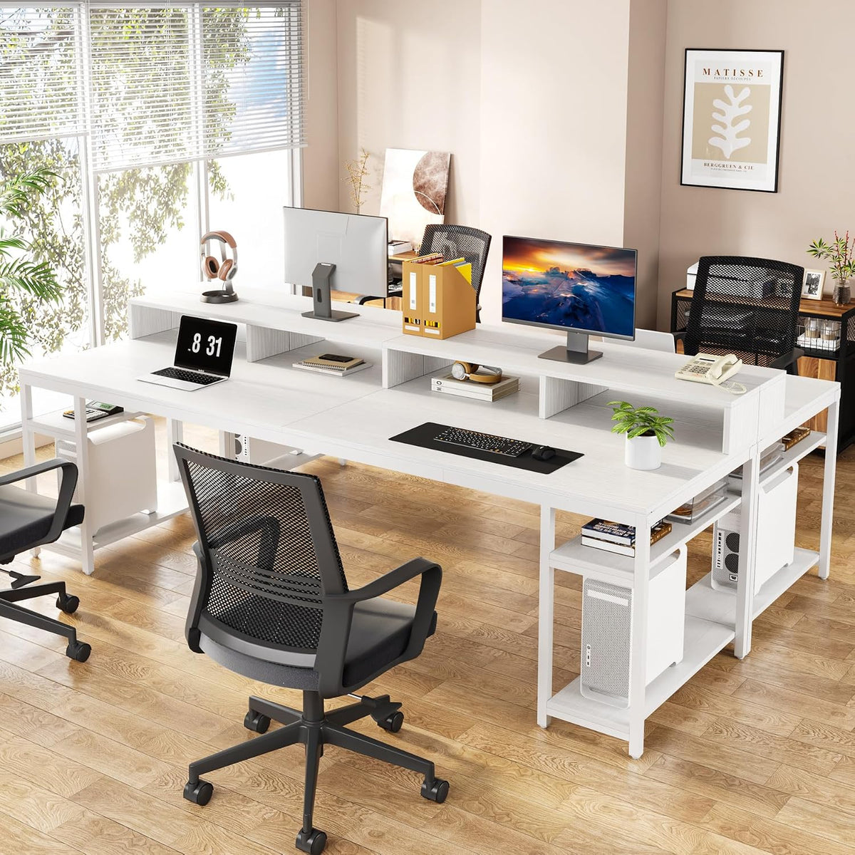 Tribesigns Two Person Desk with Monitor Stand, 78.74' Long Double Computer Office Desk with Storage Shelves, Large Gaming Desk Study Writing Table Workstation for Home Office (White)