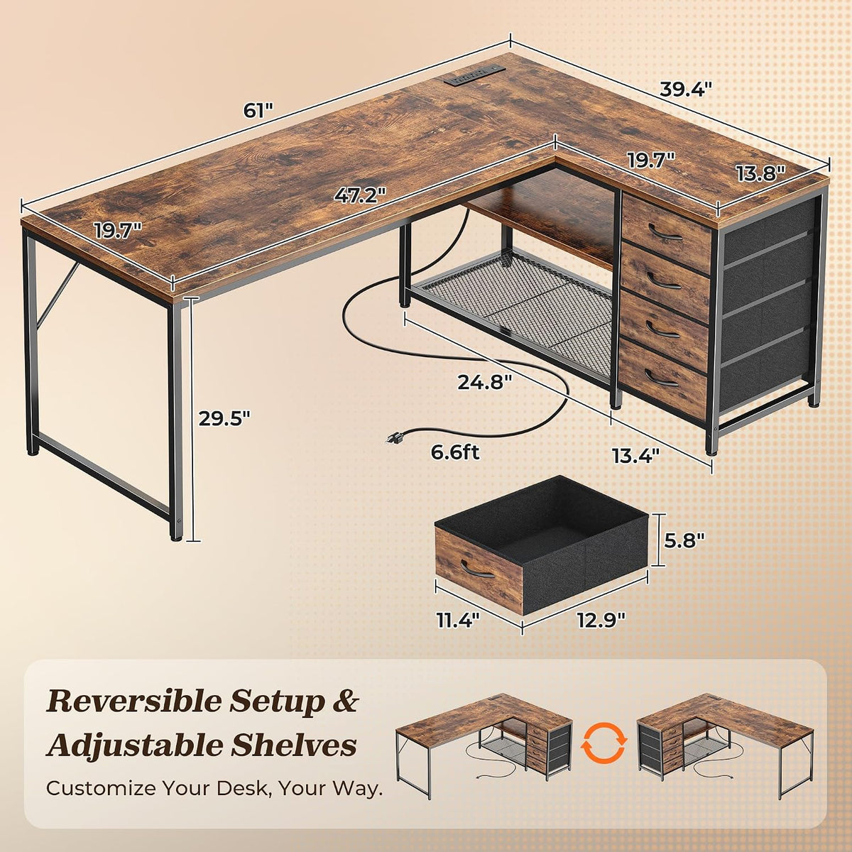 PRAISUN 61' L Shaped Desk with Power Outlets and USB-C Port, Reversible Computer Corner Office Desk with 4 Fabric Drawers and 2 Height-Adjustable Shelves, Large for Gaming Writing Study, Rustic Brown