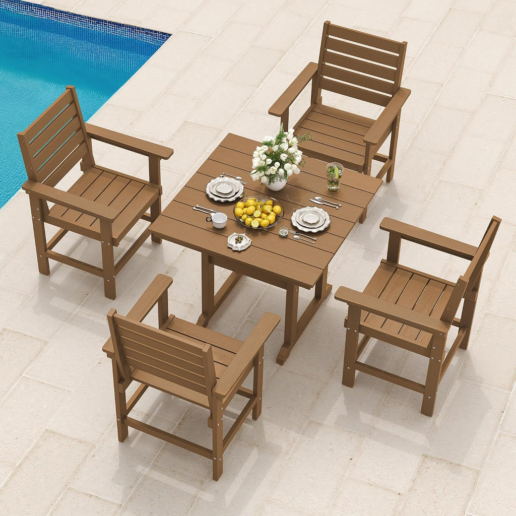 5 Piece Outdoor Dining Set, HDPS Patio Table and Chairs Set, 35' Patio Table with 1.96' Umbrella Hole & 4 Chairs, All Weather Furniture for Garden, Backyard, Poolside (Brown)