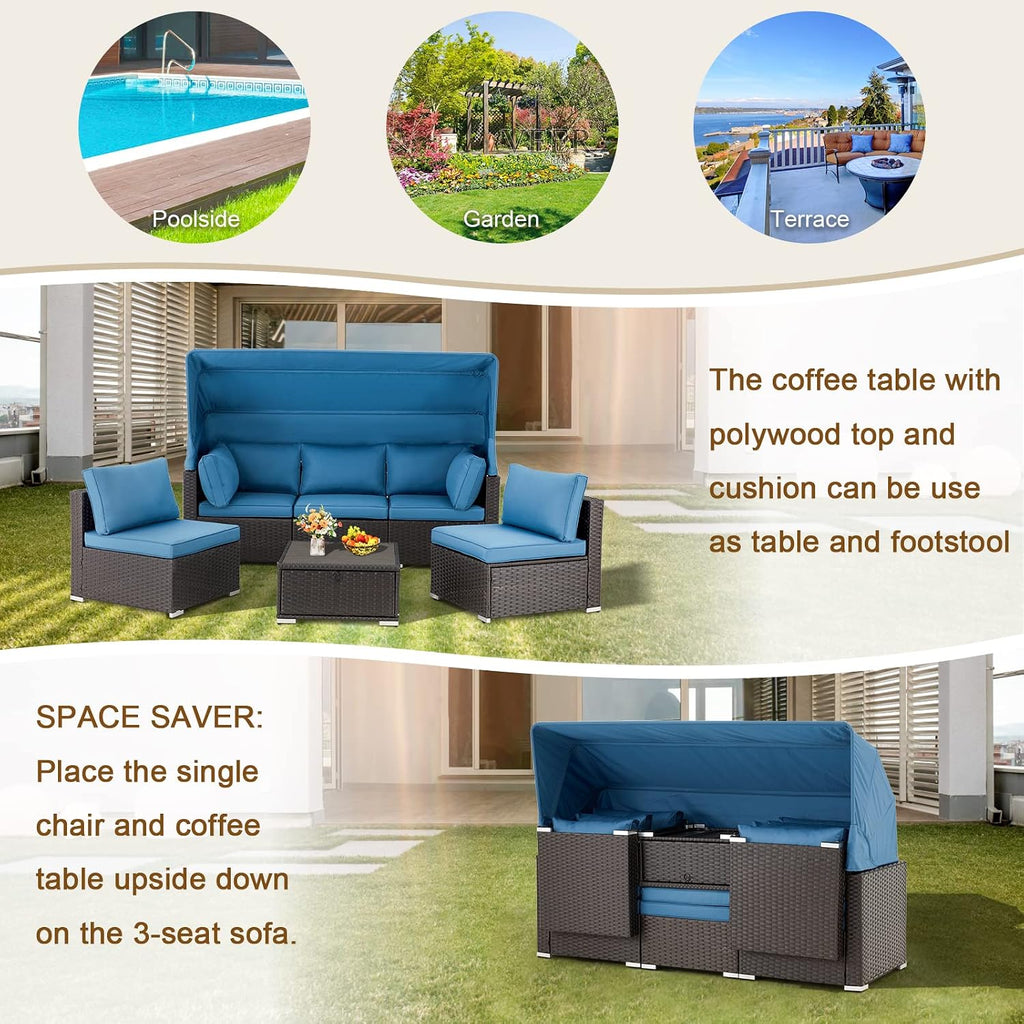 6 Pieces Patio Furniture Sets Outdoor Sectional Sofa Set Rattan Daybed with Retractable Canopy, Adjustable Backrest, Storable Tea Table Rectangle Sunbed for Backyard Garden Poolside(Blue)