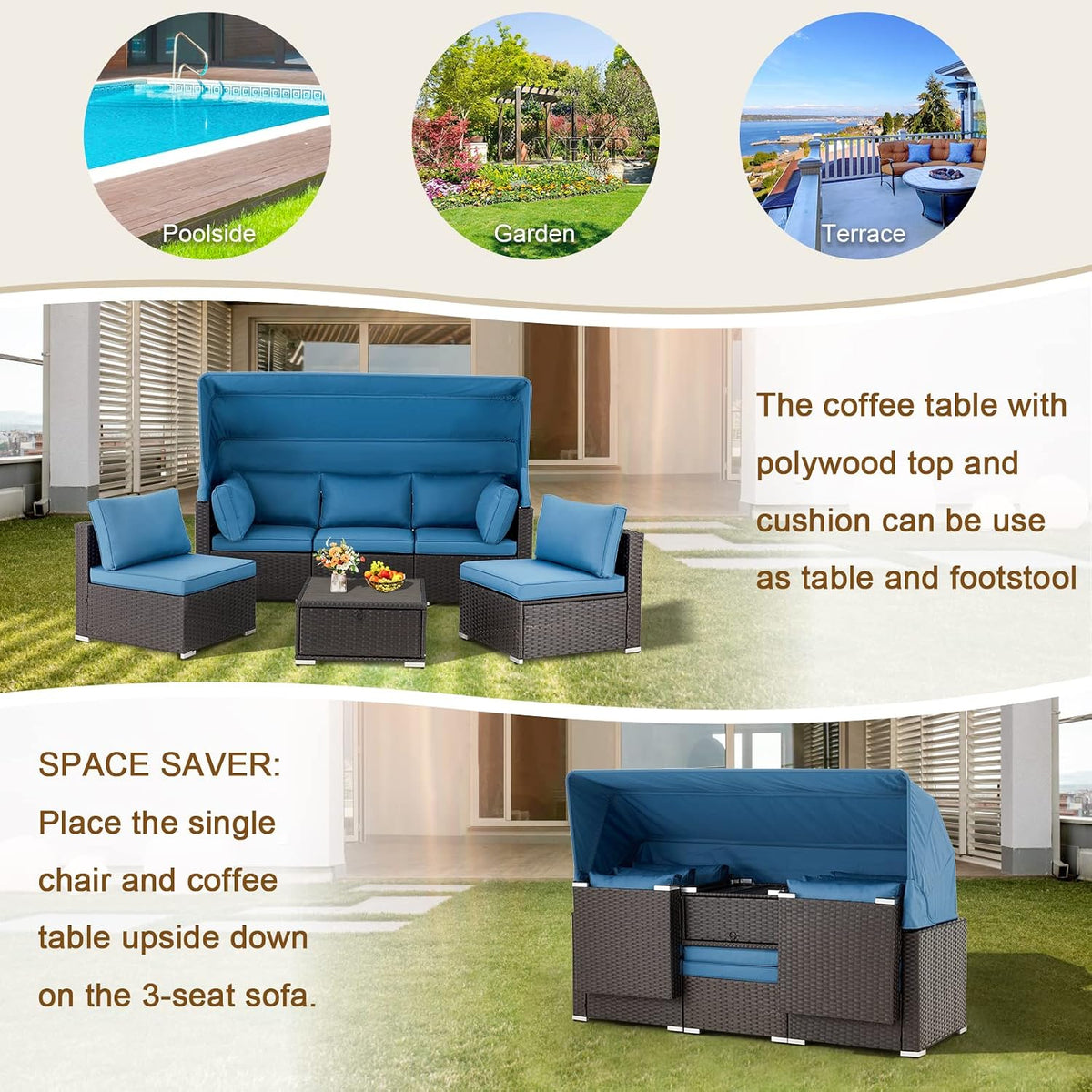 6 Pieces Patio Furniture Sets Outdoor Sectional Sofa Set Rattan Daybed with Retractable Canopy, Adjustable Backrest, Storable Tea Table Rectangle Sunbed for Backyard Garden Poolside(Blue)