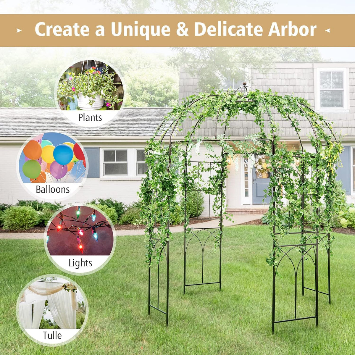Moccha Birdcage Shape Garden Arch, 8.4' H x 7' W Pergola Pavilion Arch for Climbing Plants, French Style Gazebo with 16 Ground Stakes, Outdoor Metal Garden Arbor for Wedding Party Decoration, Bronze