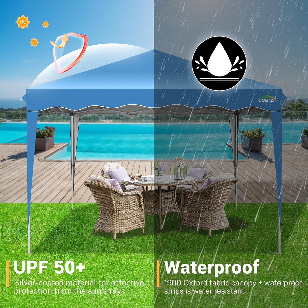 COBIZI 10x10 Pop Up Canopy Tent, Easy Up Canopy with 1-Button Push, Outdoor Canopy Tents with Wavy roof, Portable Canopy for Home, Camping, Outdoor Events, Black