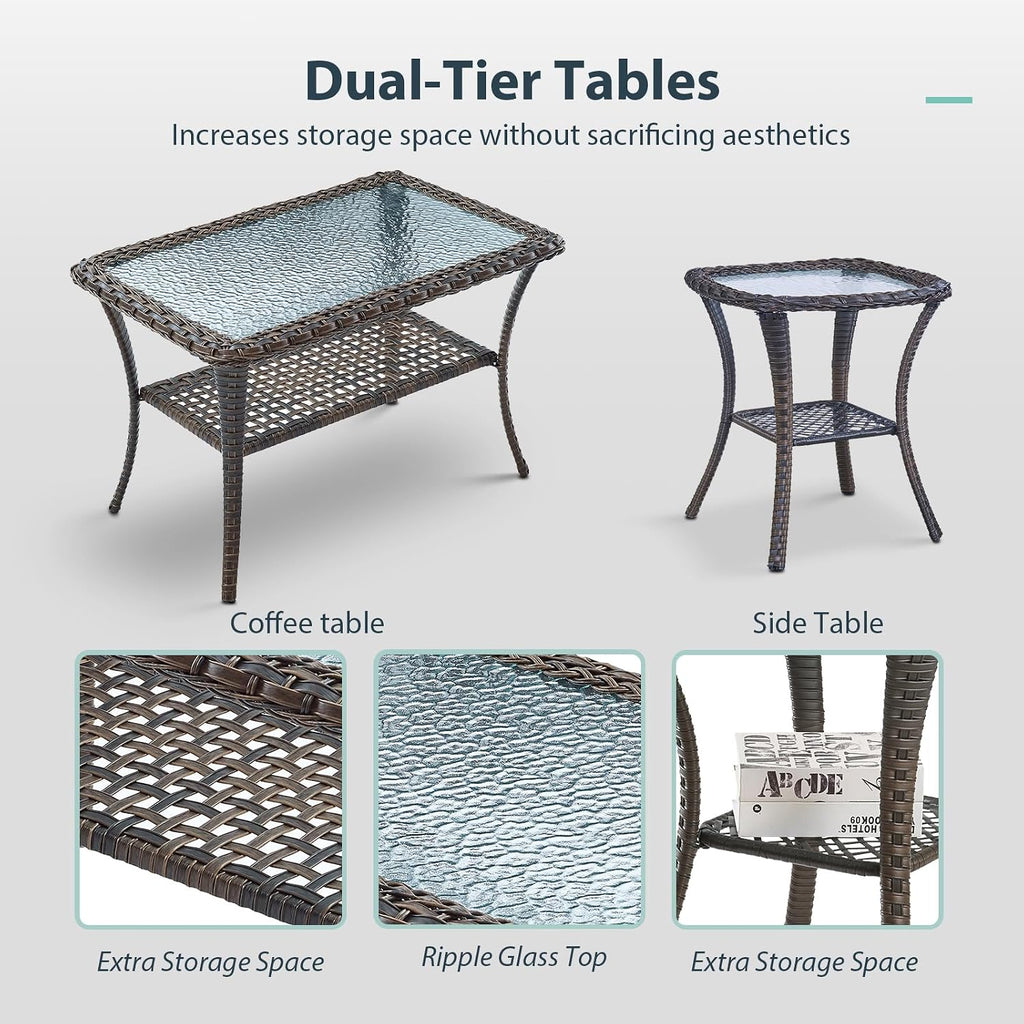 5 Piece Patio Furniture Set - Wicker Patio Conversation Set with Swivel Glider, Glider Loveseat, Tempered Glass Side Table and Coffee Table for Deck Backyard - Brown Wicker Grey Cushion