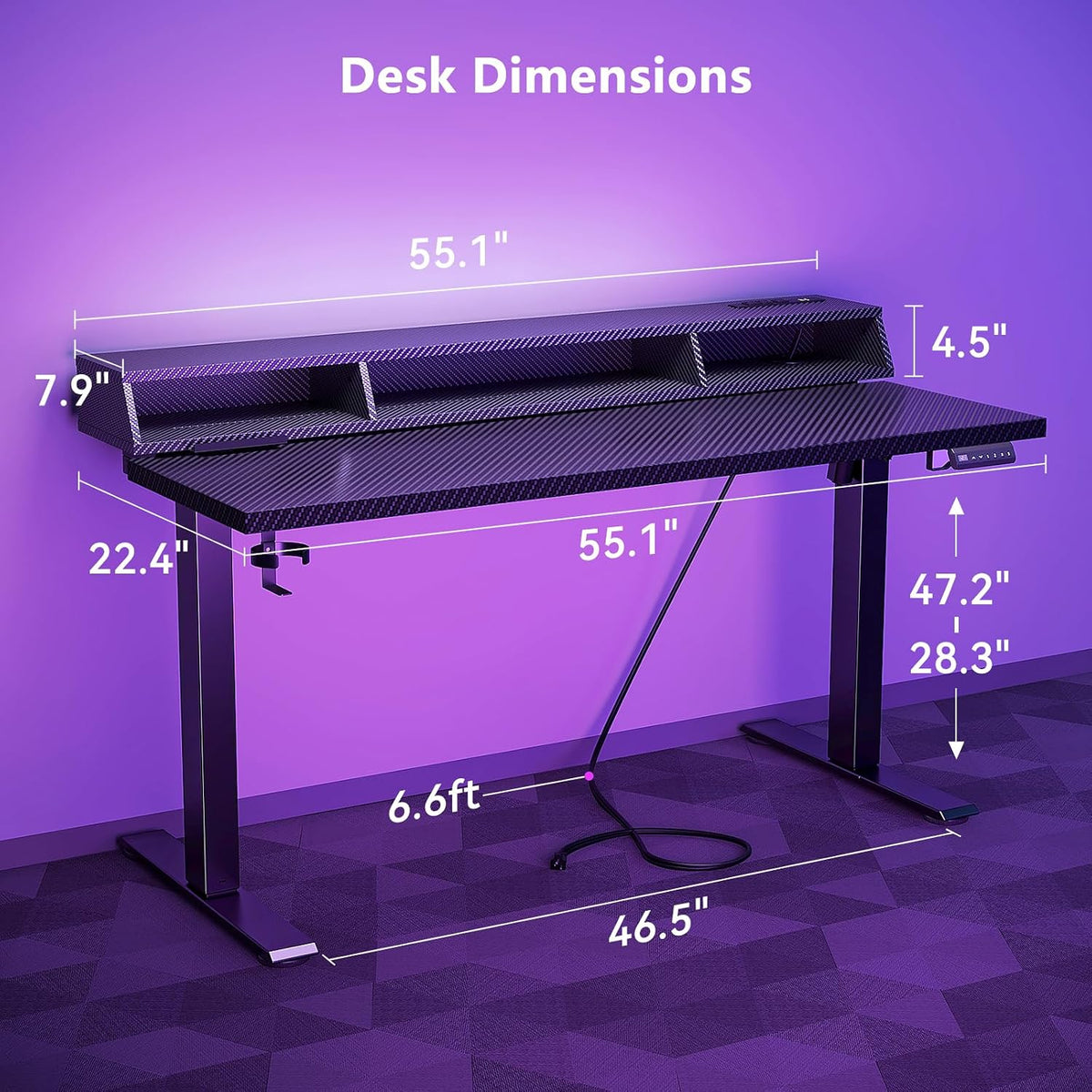 OffiGo Gaming Standing Desk with LED Light, 55 Inch Electric Height Adjustable Table with Power Outlet & Monitor Stand, Sit Stand Computer Workstation for Home, Bedroom, Black