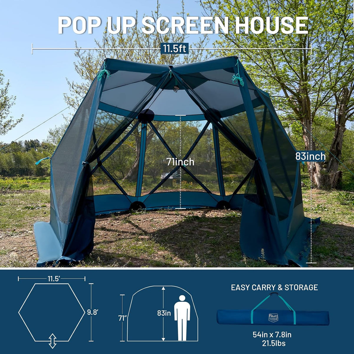 TIMBER RIDGE Easy Pop Up Gazebo Canopy Tent for Camping, 11.5 X 9.8 Ft Portable Instant Screened House, Pop Up Canopy with Netting for Backyard, Patio, Outdoor, Tailgating, Picnics, Blue