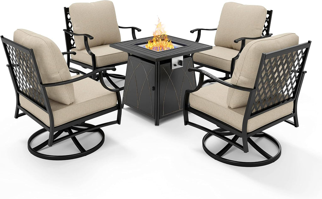 HERA'S HOUSE 5 Pieces Fire Pit Patio Furniture Set, 4 x Thick Cushioned Swivel Chairs with 28' Fire Pit Table (50,000 BTU), Outdoor Conversation Set for Garden, Backyard, Lawn