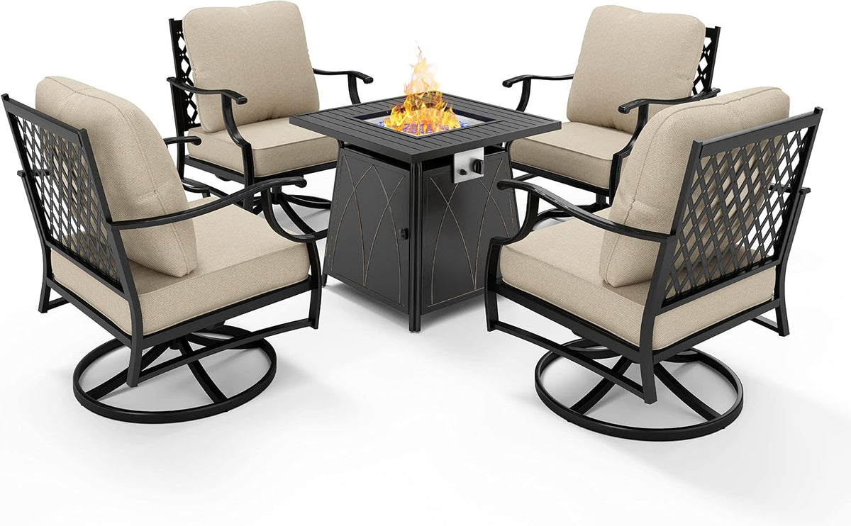 HERA'S HOUSE 5 Pieces Fire Pit Patio Furniture Set, 4 x Thick Cushioned Swivel Chairs with 28' Fire Pit Table (50,000 BTU), Outdoor Conversation Set for Garden, Backyard, Lawn