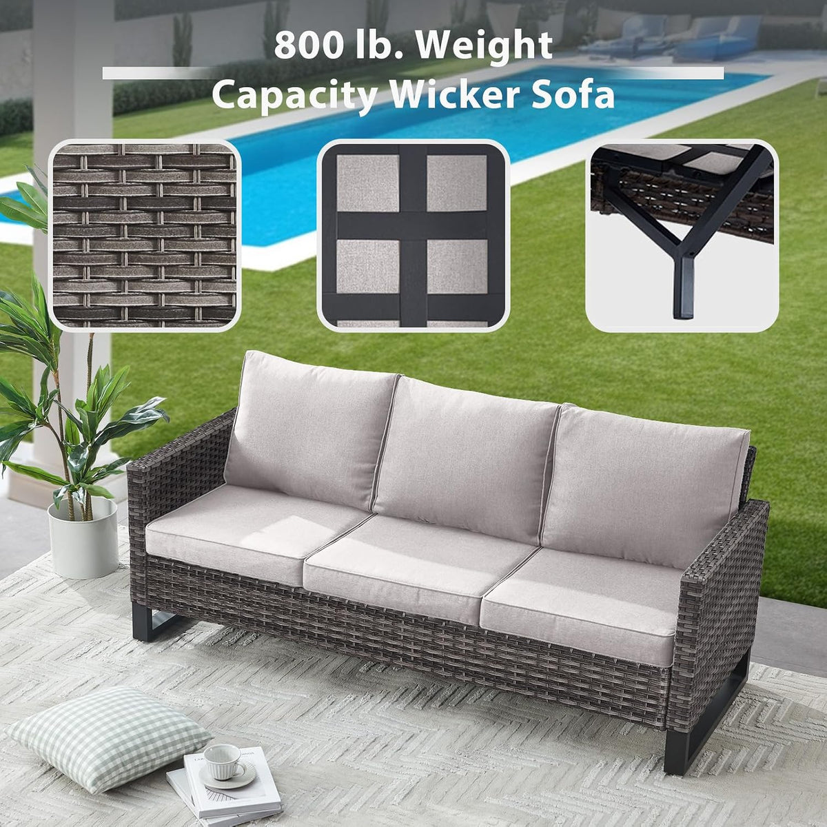 6 Piece Wicker Patio Furniture Set - Outdoor Swivel Rocker Chairs Set with Coffee Table, 3 Seat Sofa & Ottomans, Small Patio Conversation Sets Proch Furniture for Balcony Deck - Grey/Beige