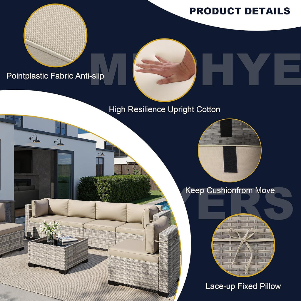 11-Piece Outdoor Patio Furniture Set with Rocking Swivel Chair, Wicker Rattan Sectional Sofa Conversation Set with 55,000 BTU Fire Pit Table, Backyard Furniture, Beige