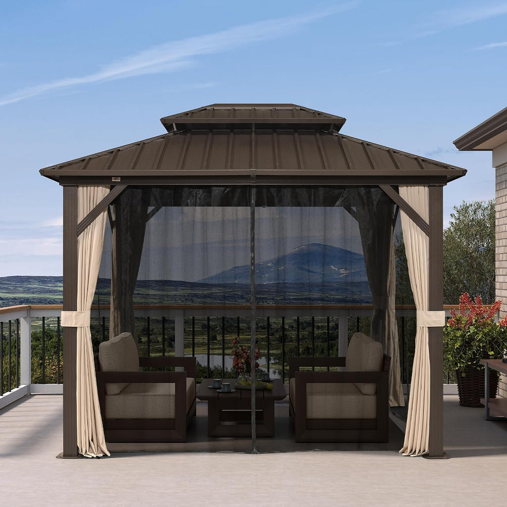 PURPLE LEAF 8' X 10' Outdoor Hardtop Gazebo Metal Frame Galvanized Steel Double Roof with Curtains and Nettings for Patio Desk Backyard Bronze