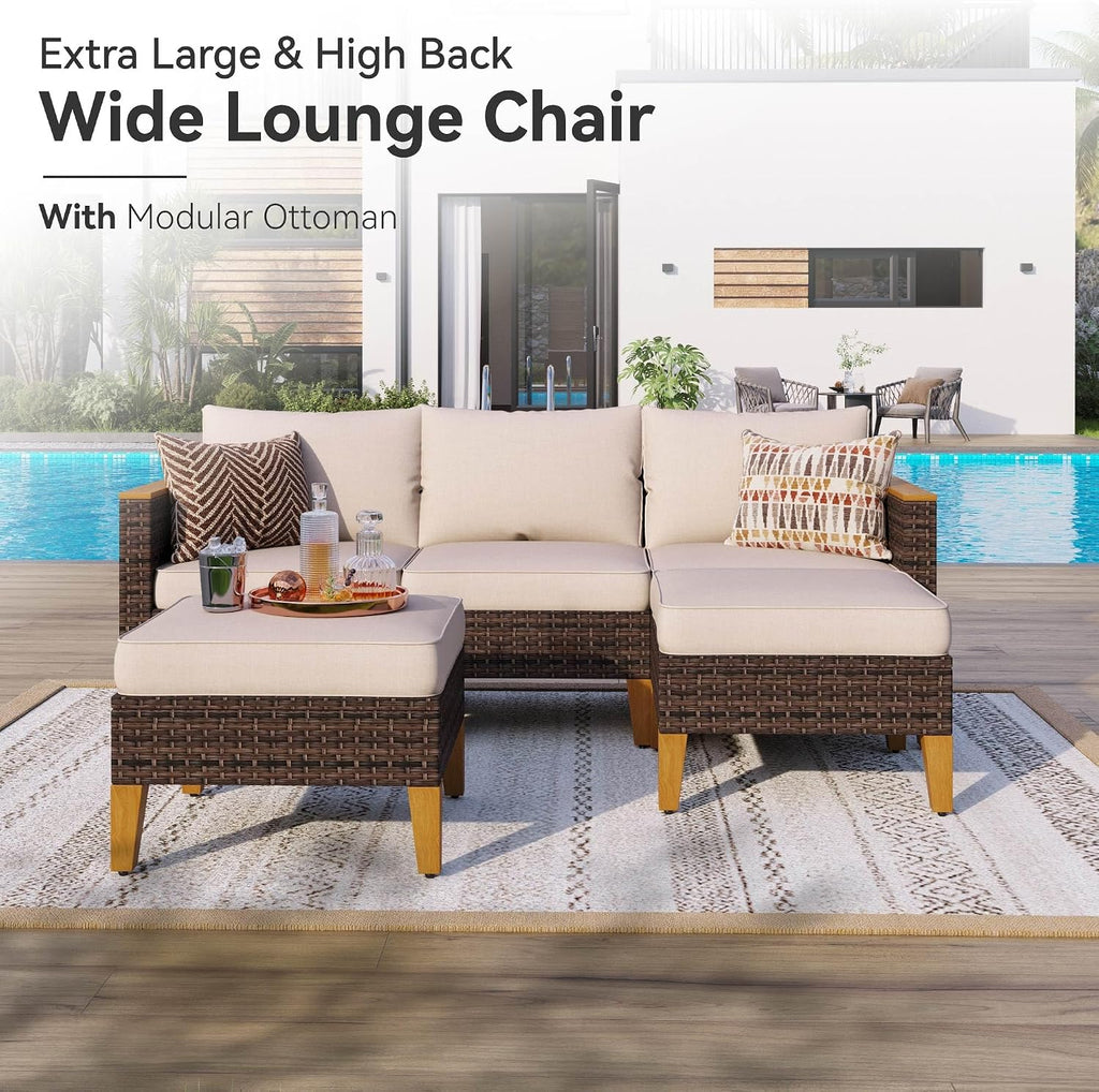 GREEN PARTY 7 Pieces Wicker Patio Furniture Set with 56' Fire Pit Table, All-Weather Outdoor Rattan Patio Sectional Sofa Conversation Set with 4' Thick Cushions for Garden, Backyard, 2 x Ottomans
