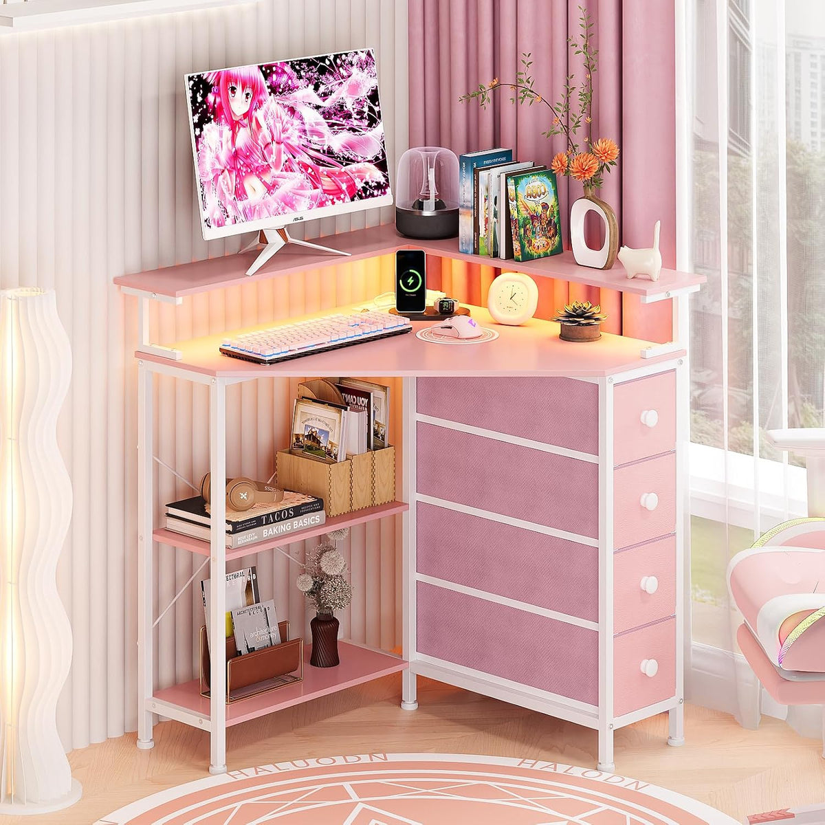 VENNQD Corner Desk with Drawers Shelves for Small Space 90 Degrees Triangle Computer Desk with Power Outlets,Gaming Desk with LED Lights Monitor Stand for Home Office Workstation Writing Table (Pink)