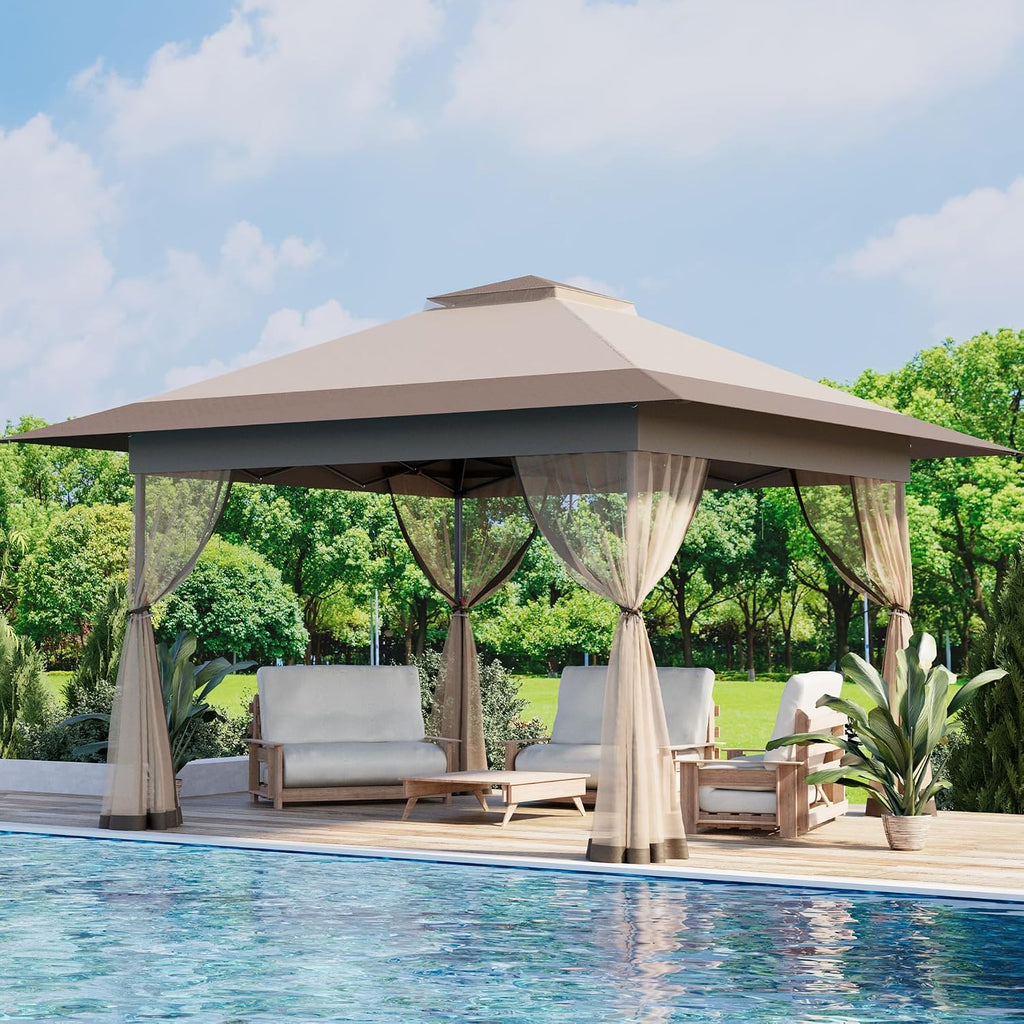 Bezseller 13x13 Pop Up Gazebo with Mosquito Netting – Easy 1-Person Setup, Water-Resistant Backyard Canopy for Family Patio & Garden Use,Khaki