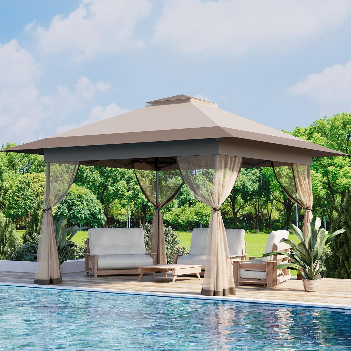 Bezseller 13x13 Pop Up Gazebo with Mosquito Netting – Easy 1-Person Setup, Water-Resistant Backyard Canopy for Family Patio & Garden Use,Khaki