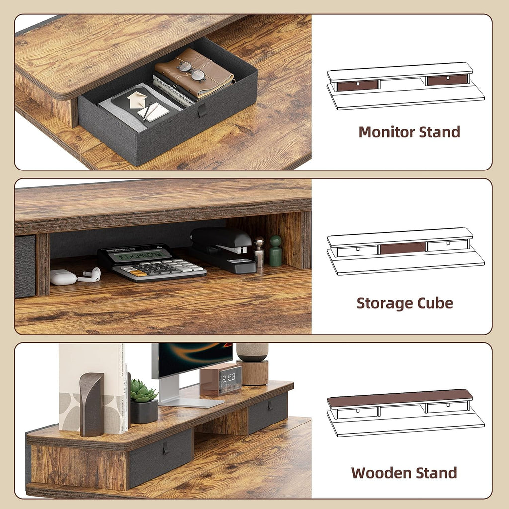 TIQLAB Standing Desk with Two Drawers, Stand Up Standing Desk Adjustable Height, Electric Sit Stand Table with Storage Shelf and Splice Board, 55 * 24 inch, Rustic Brown