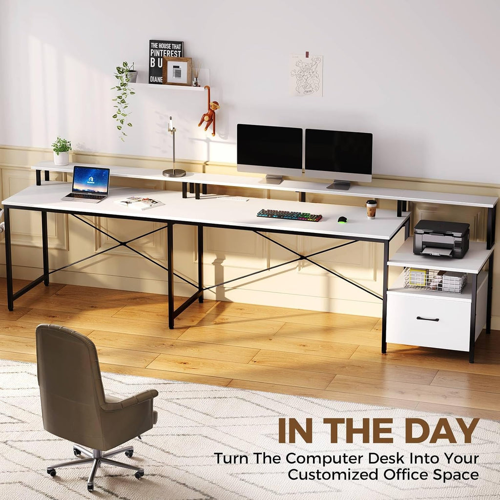 Rolanstar Computer Desk with File Drawer, 64' L Shaped Desk with Power Outlet & LED Strip, L Shaped Computer Corner Desk with File Cabinet, Gaming Desk with Monitor Shelf, Home Office Desk, White
