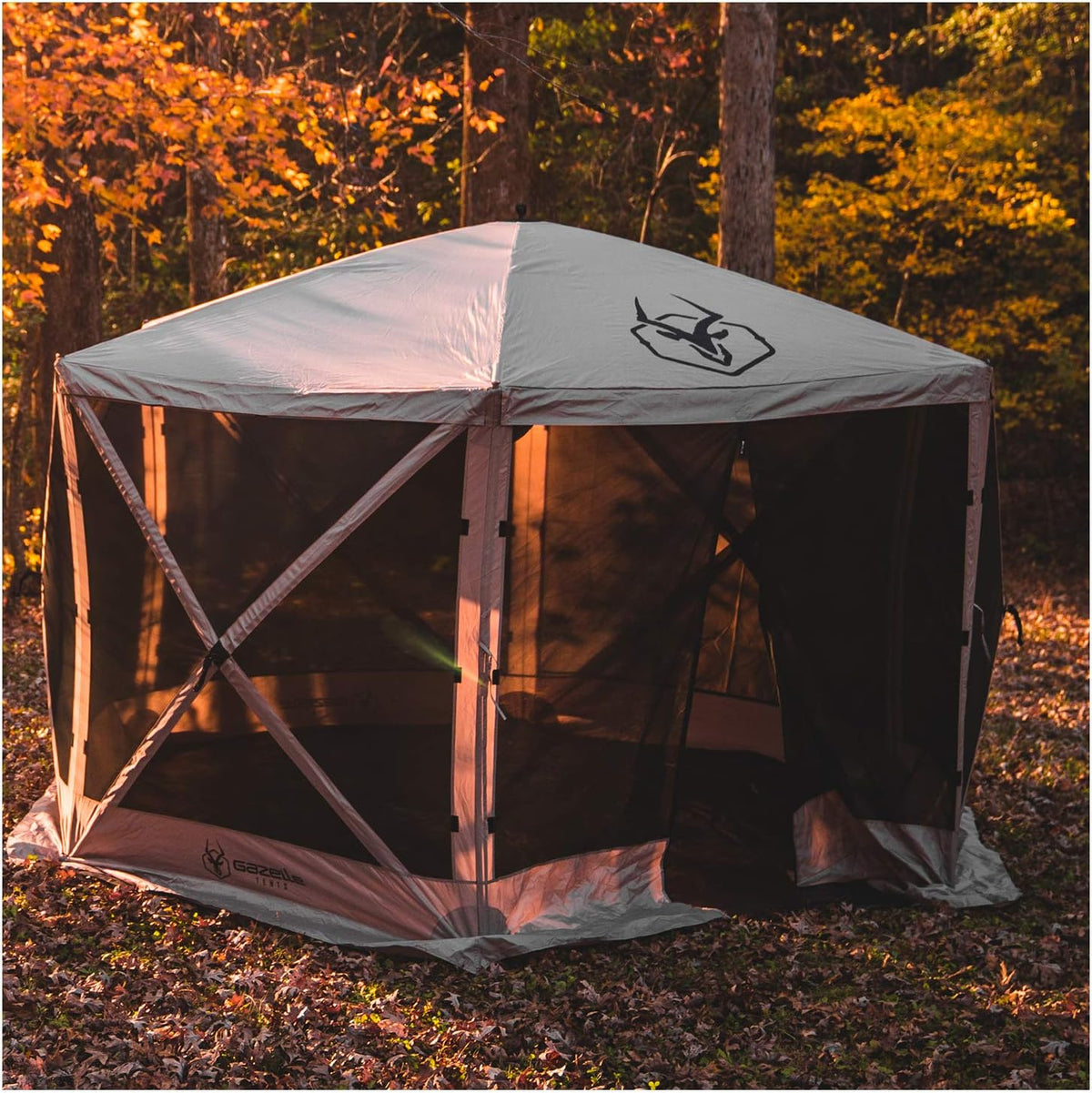 Gazelle Tents™ G6 6-Sided Portable Gazebo with TriTech Mesh, Easy Pop-Up Hub Screen Tent, Waterproof, UV Resistant, 8-Person & Table, Desert Sand, 86' x 124' x 124', GK914, Includes 3 Wind Panels