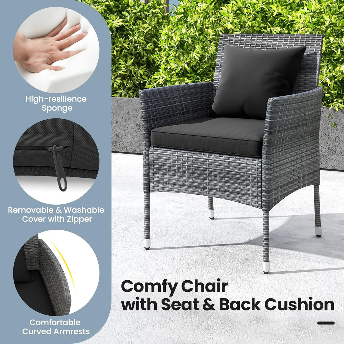 KOTEK 3 Pieces Patio Furniture Set, PE Rattan Outdoor Conversation Set with Tempered Glass Table & Soft Cushions, Wicker Bistro Set for Garden, Porch, Balcony (Black)