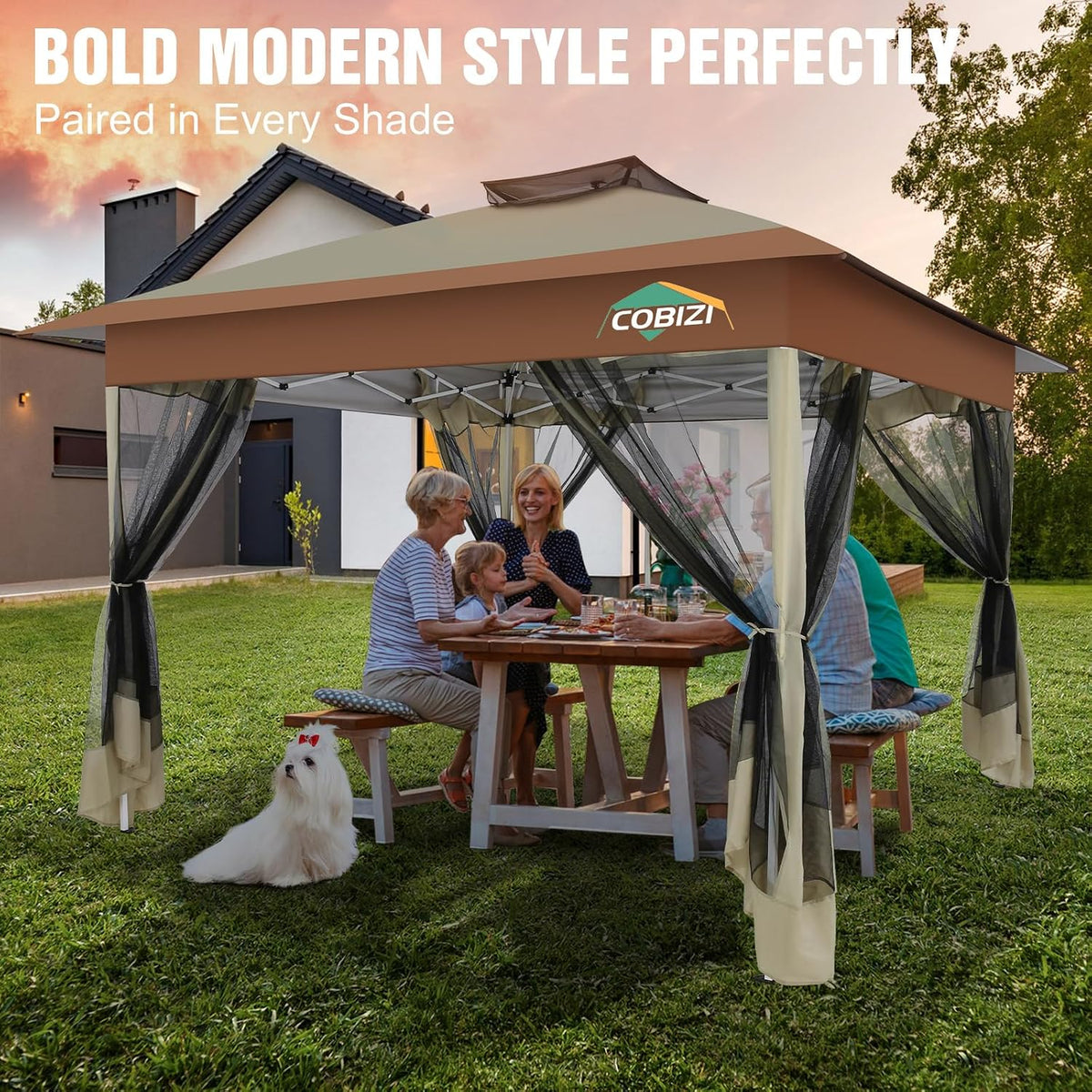 COBIZI 13x13 Pop Up Canopy Tent-Gazebos On Clearance Upgrade Metal Outdoor Canopy Waterproof - Portable Gazebo with Mosquito Nettings, 4 Ropes 8 Stakes and Carry Bag for Patio Garden(Khaki)