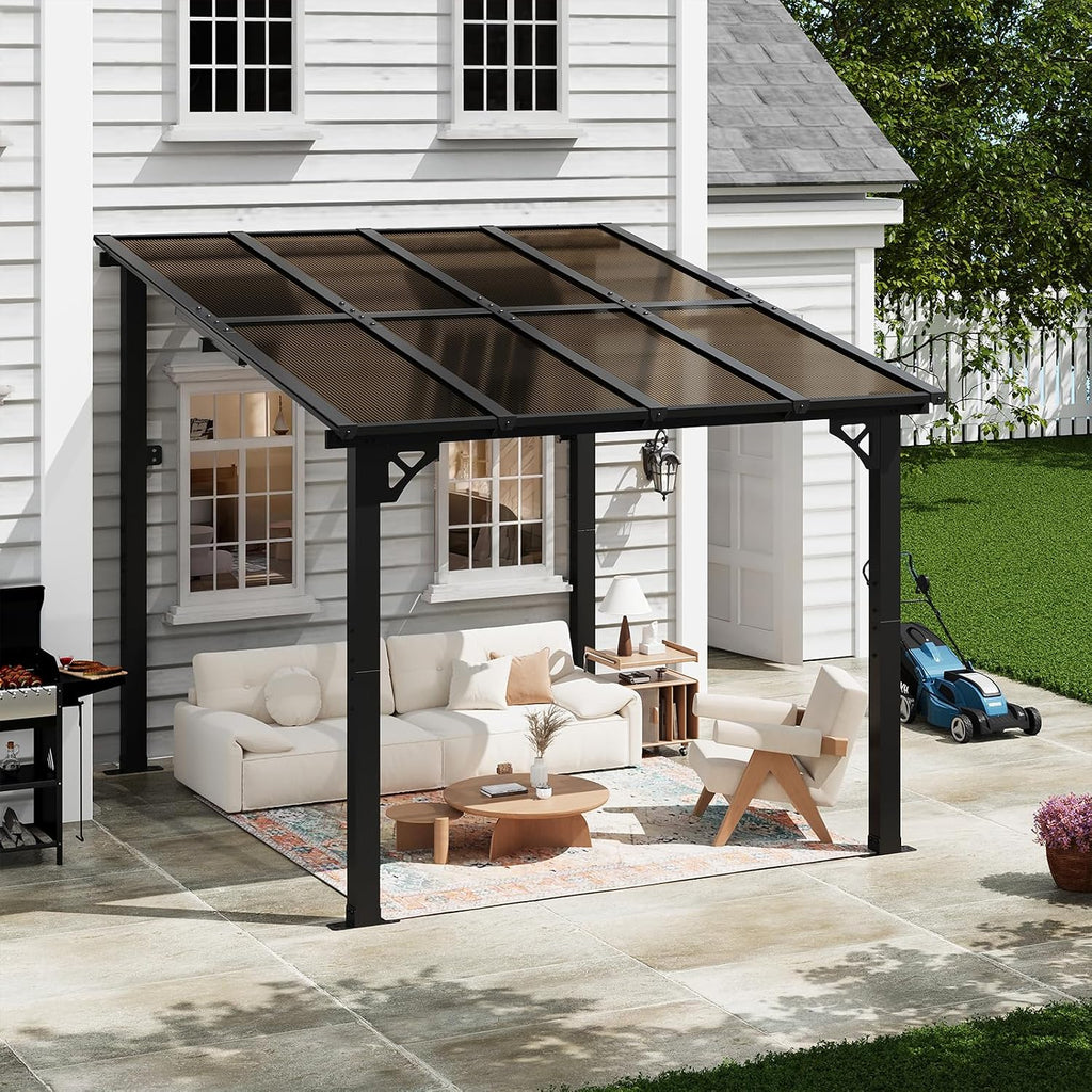 8x10FT Lean to Gazebo, Hardtop Metal Pergola with Polycarbonate Roof, Large Wall Mounted Heavy Duty Awnings, Patio Canopy for Backyard, Deck, Porch, Black