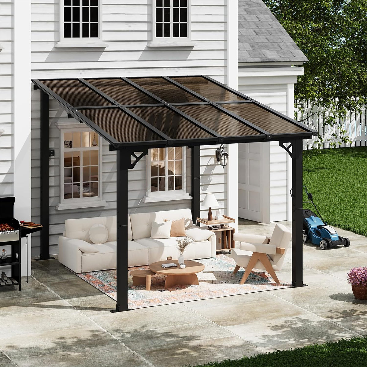 8x10FT Lean to Gazebo, Hardtop Metal Pergola with Polycarbonate Roof, Large Wall Mounted Heavy Duty Awnings, Patio Canopy for Backyard, Deck, Porch, Black