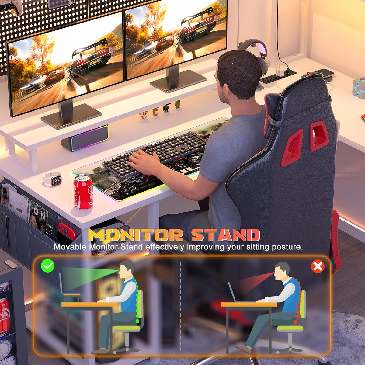 Aheaplus Small L Shaped Desk with Charging Port & LED Strip, Reversible L-Shaped Gaming Desk Computer Desk with Monitor Stand & Storage Shelf, Corner Desks Home Office Desk with Storage Bag, White