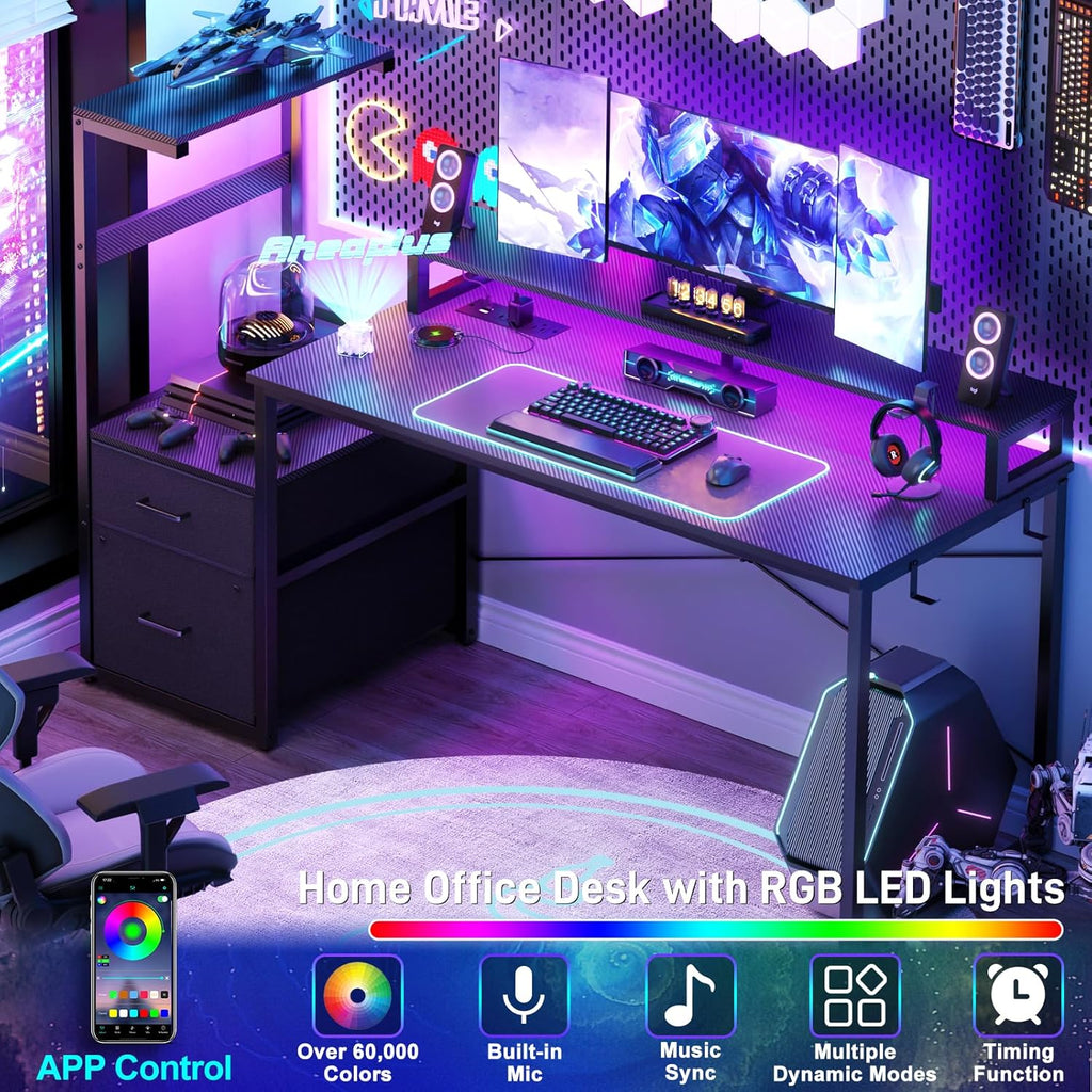 Aheaplus Gaming Desk with LED Strip & Power Outlet, 59Inch Reversible Computer Desk with Monitor Stand & Storage Shelves, Home Office Desks with Fabric File Drawer, PC Gamer Table, Carbon Fiber Black
