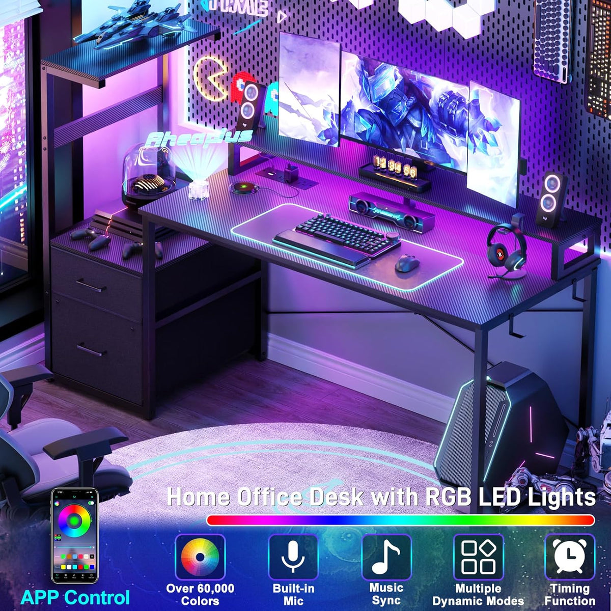Aheaplus Gaming Desk with LED Strip & Power Outlet, 59Inch Reversible Computer Desk with Monitor Stand & Storage Shelves, Home Office Desks with Fabric File Drawer, PC Gamer Table, Carbon Fiber Black