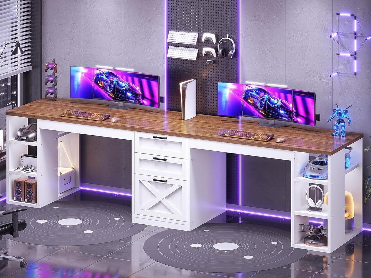SEDETA Farmhouse 96.5' Computer Desk with Drawers, 2 Person Home Office Desk, Gaming Double Desk with Storage Shelves, Long Two Person Writing Desk (White and Brown)