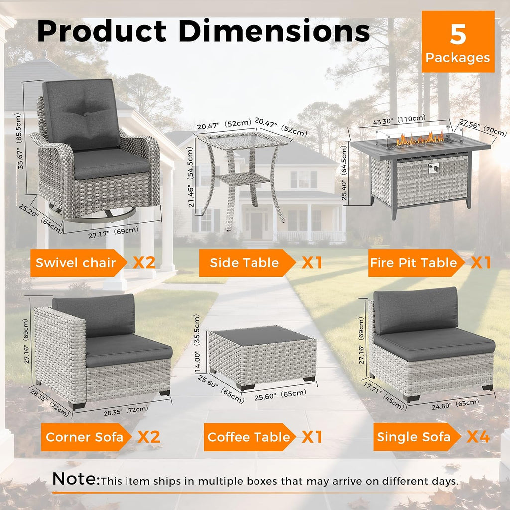 8-Seat Outdoor Wicker Patio Furniture Set with Fire Pit Table, Modular Rattan Sectional Sofa & 2 Swivel Rocking Chairs, 4' Thick Cushions, Rust-Resistant Frame,Black