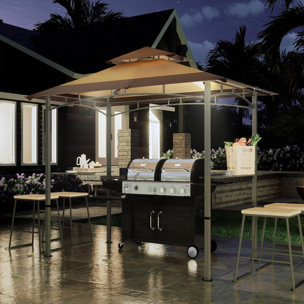 COOSHADE 8'x 5' Grill Gazebo Double Tiered Outdoor BBQ Gazebo Canopy with LED Light (Brown with Khaki)