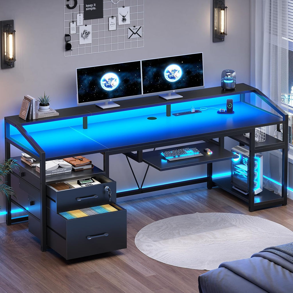 SEDETA 63' Computer Desk, Office Desk with Lockable Drawers for Legal/Letter File, Gaming Desk with LED Lights & Power Outlet, Home Office Desks with Storage, Black